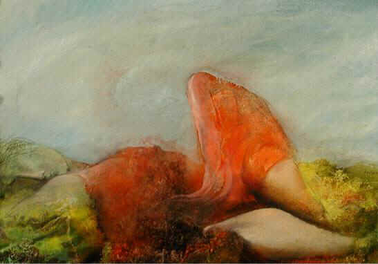 FIGURA DISTESA (con vestito rosso), 1997 olio su tela, cm 50 X 70 Carlo Frisardi