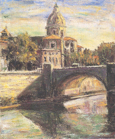 Pino Roman: Cupola e Ponte sul Tevere, 2001 Olio su tela cm 60x50